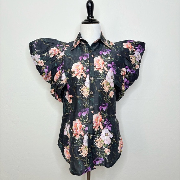 Aqua Blu Australia Tempest Vivien Top Floral Button Down Black Small Linen Silk - Picture 4 of 10